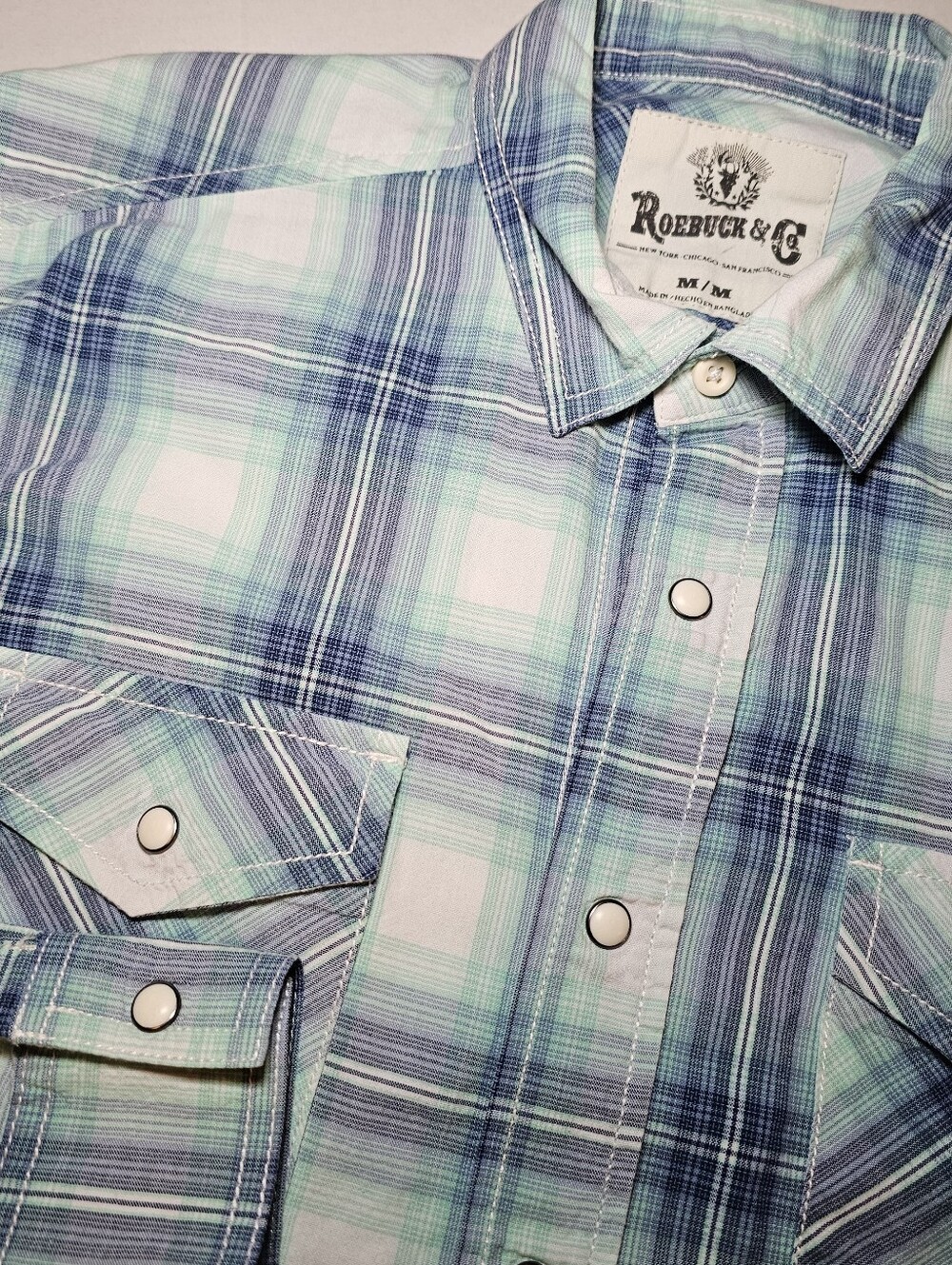Roebuck & Co Mens Medium M Blue Plaid Western Pearl Snap Shirt Cowboy Workwear